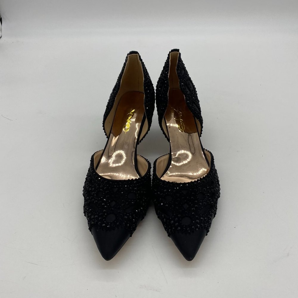 XYD black pointy toe rhinestone low heels kitten pumps shoes